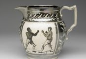 Pearlware jug depicting a boxing match